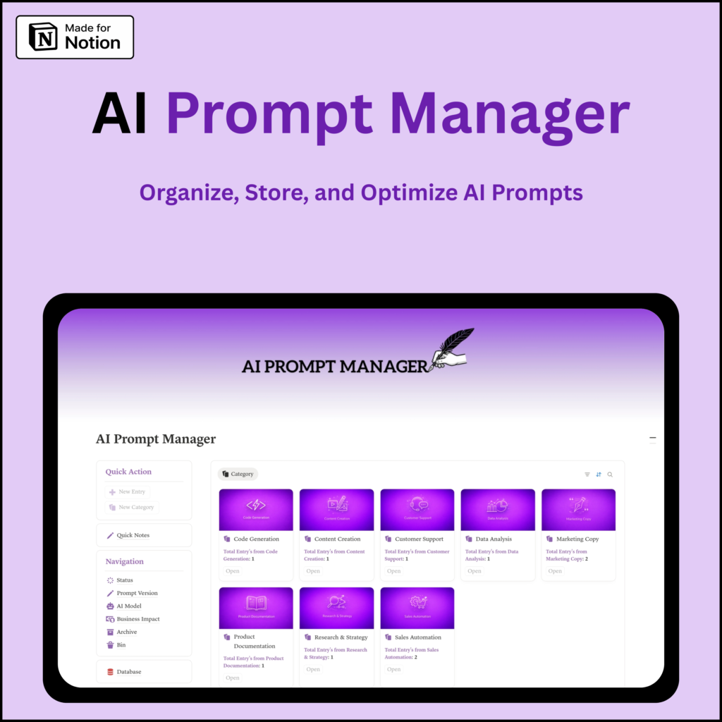 Notion AI prompt manager template dashboard for organizing AI prompts, ChatGPT prompts library, prompt tracking, categories and workflow system