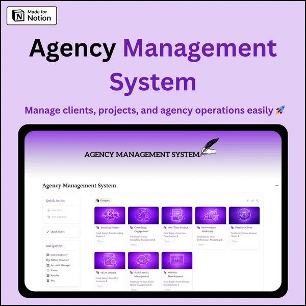 Notion agency management system template dashboard for client tracking, project management, tasks, CRM and business workflow automation