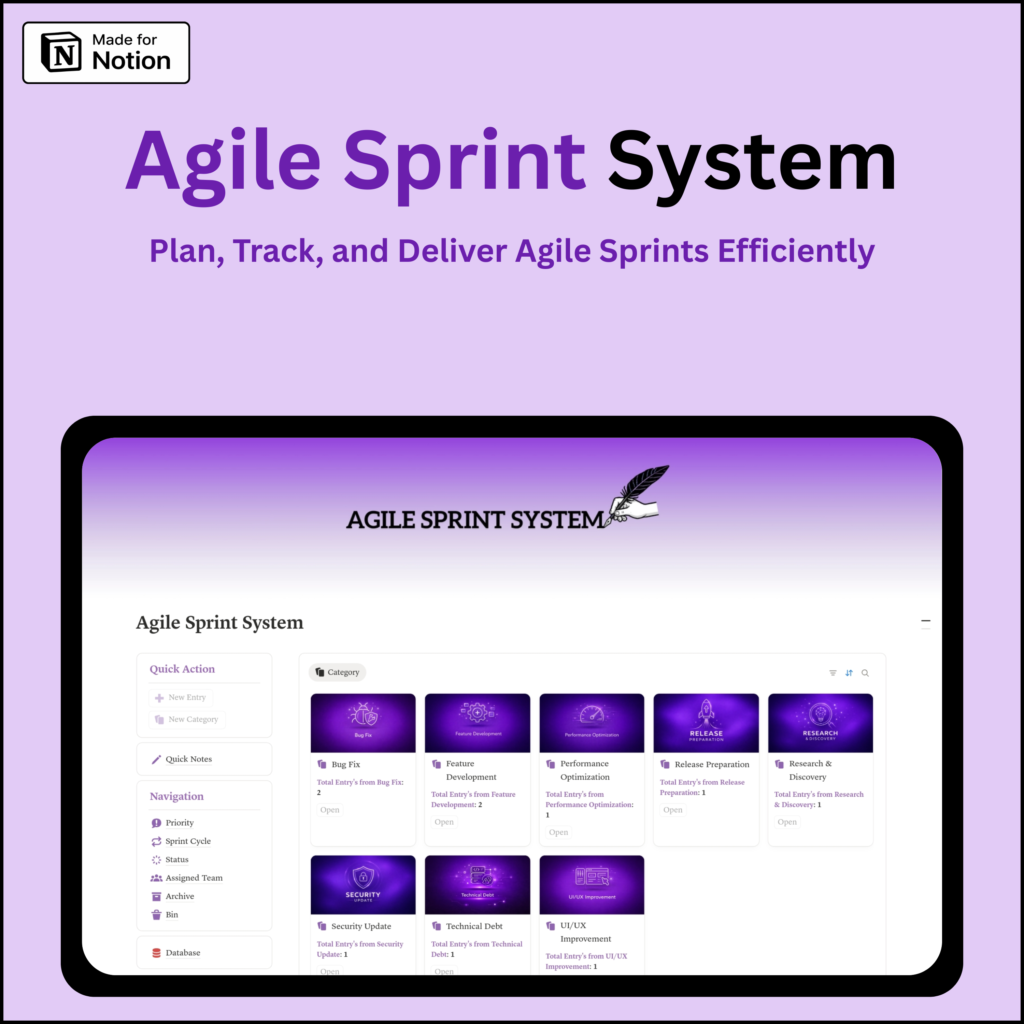 Notion agile sprint system template dashboard for sprint planning, backlog management, task tracking, scrum workflow and team collaboration