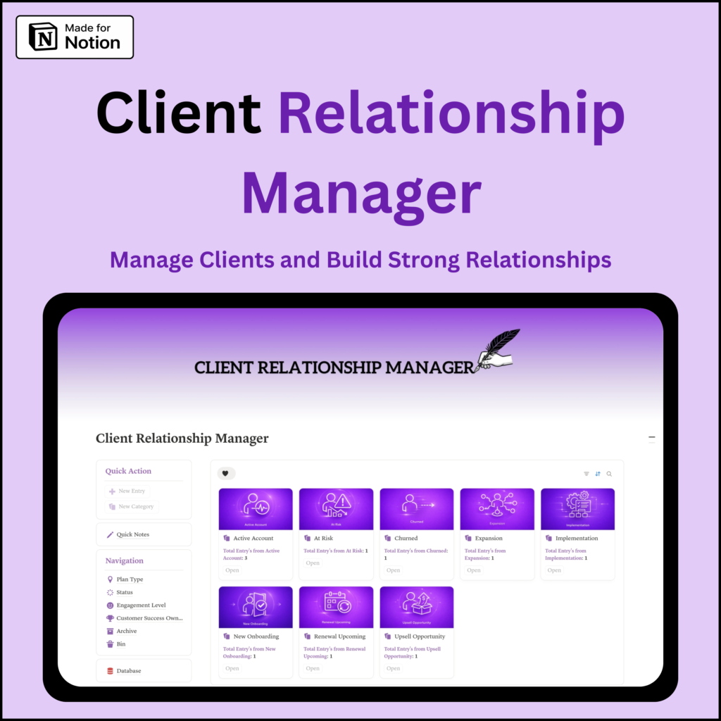 Notion client relationship manager template dashboard for CRM, client tracking, leads management, sales pipeline and business workflow organization
