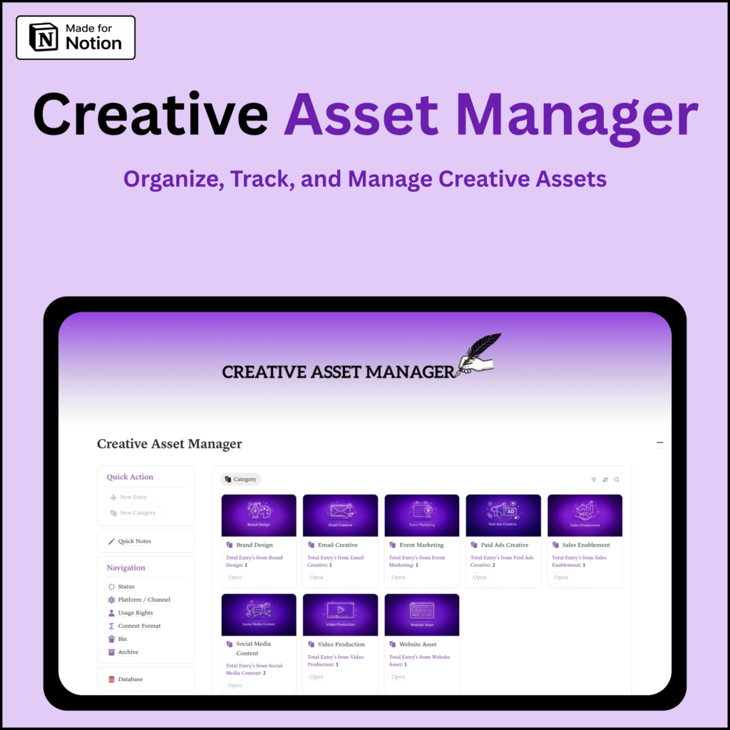Notion creative asset manager template dashboard for organizing design files, media assets, brand assets, content library and workflow management