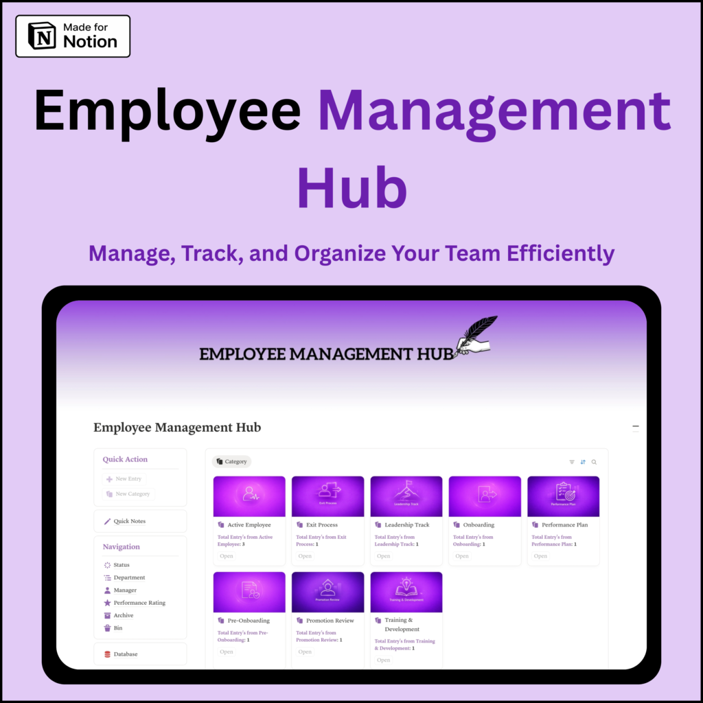 Notion employee management hub template dashboard for HR management, employee records, attendance tracking, performance tracking and team workflow