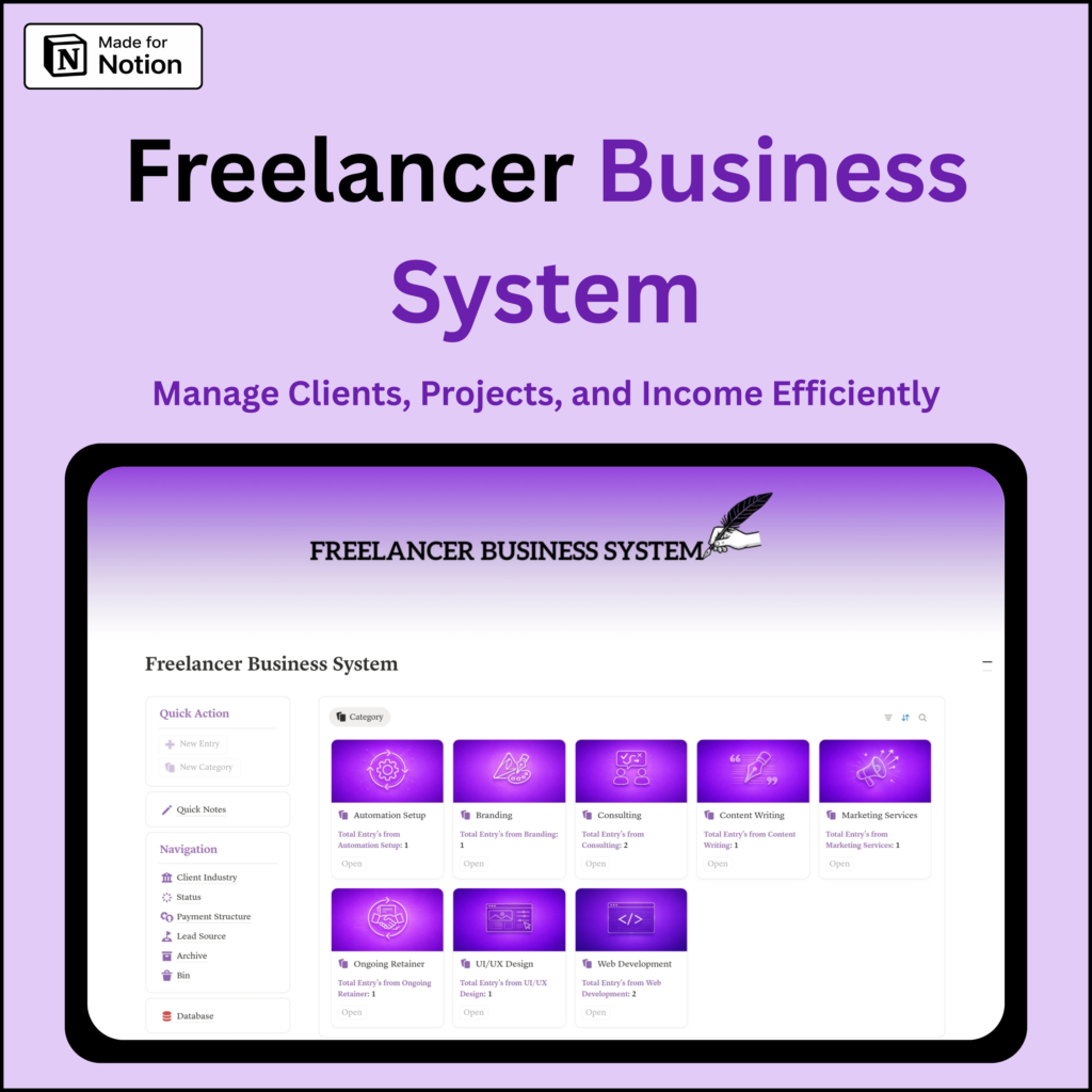 Notion freelancer business system template dashboard for project management, client tracking, finance tracking, tasks, CRM and workflow automation
