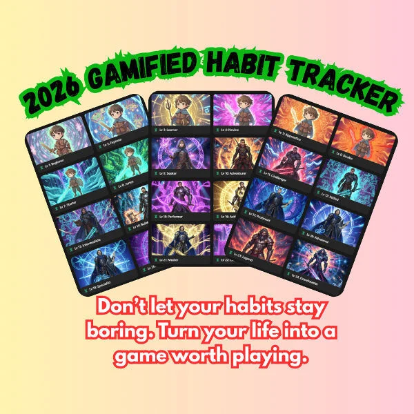 Gamified Notion habit tracker 2026 dashboard with XP system, level up progress, habit tracking, streaks, rewards and productivity system