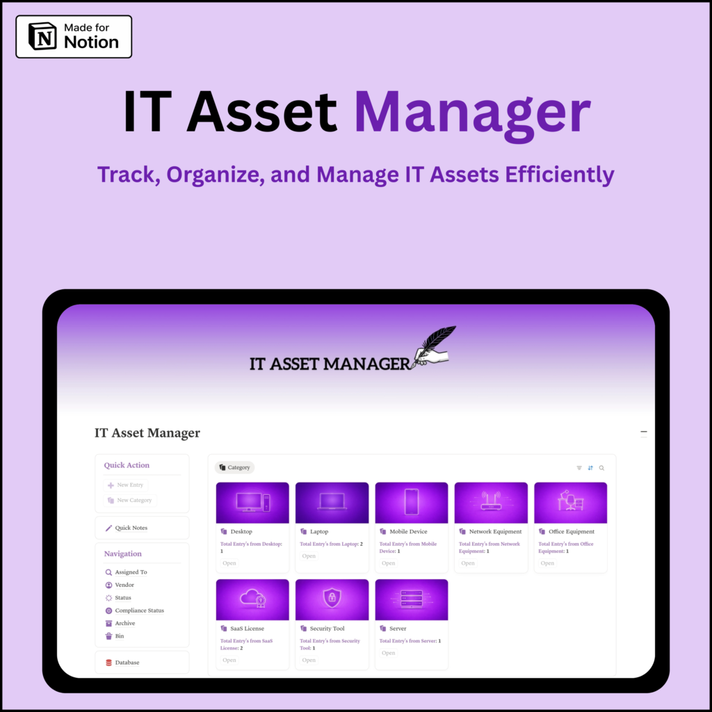 Notion IT asset manager template dashboard for tracking hardware, software, licenses, inventory management, maintenance logs and asset lifecycle