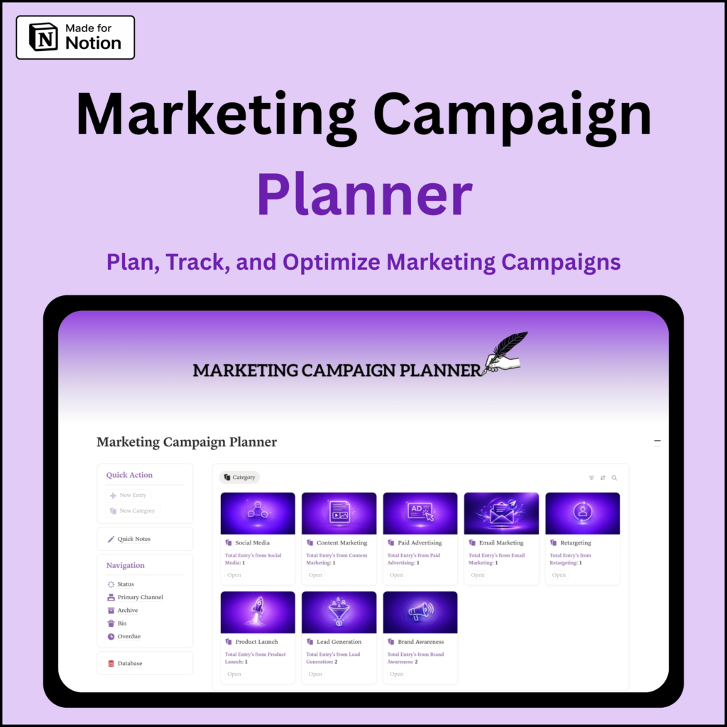 Notion marketing campaign planner template dashboard for campaign tracking, content planning, marketing calendar, analytics tracking and workflow management