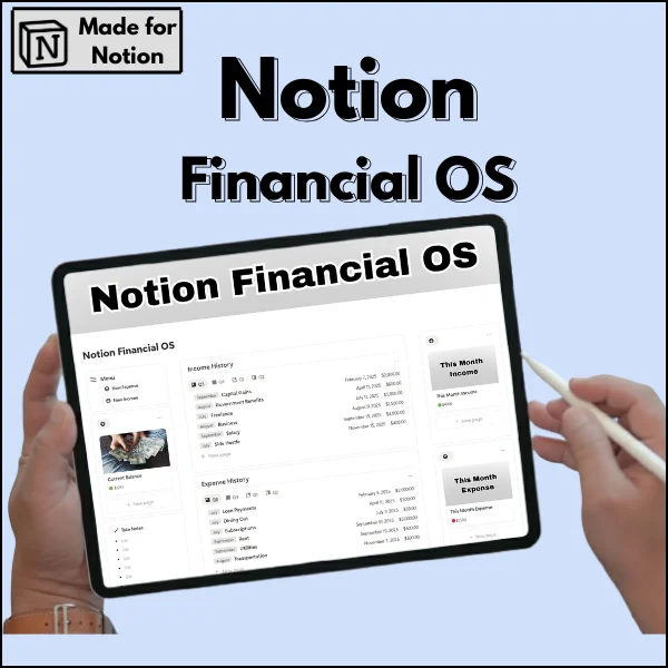 Notion financial tracker template 2026 dashboard for income tracking, expense tracking, budget planner, savings tracker and personal finance management