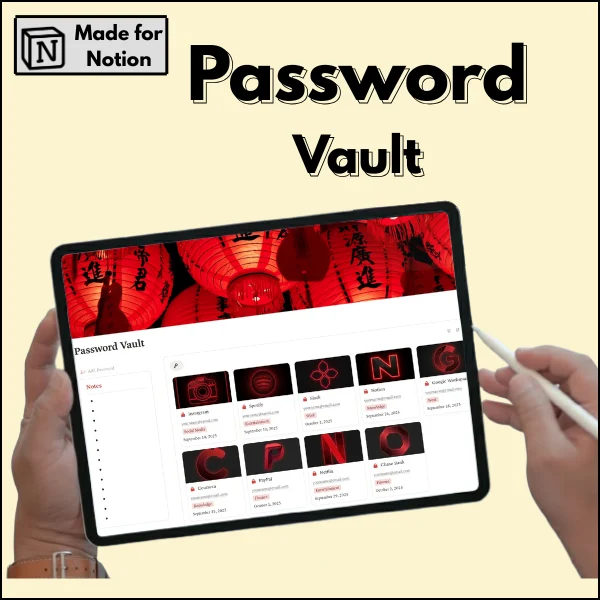 Notion password vault template 2026 dashboard for secure password management, login tracking, credentials organizer and digital security system