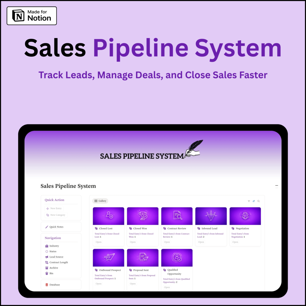 Notion sales pipeline system template dashboard for lead tracking, deal management, CRM, sales funnel visualization and workflow automation
