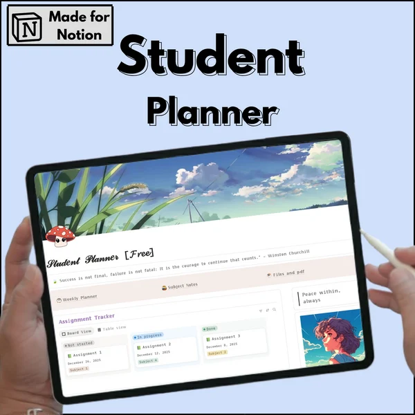 Notion student planner template 2026 dashboard for study planning, assignment tracking, class schedule, exam tracker, goals and productivity system