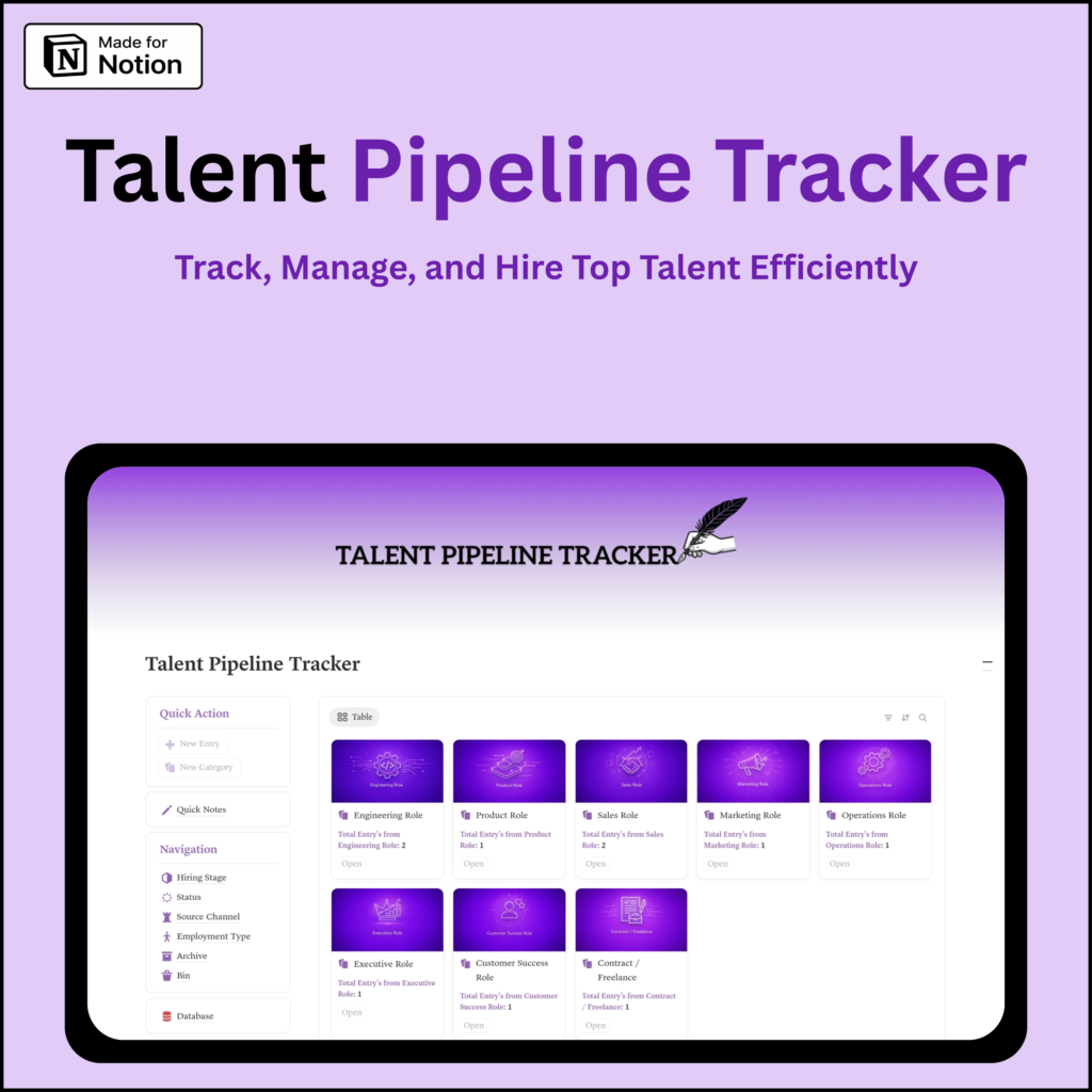 Notion talent pipeline tracker template dashboard for recruitment management, candidate tracking, hiring pipeline, HR workflow and applicant tracking system