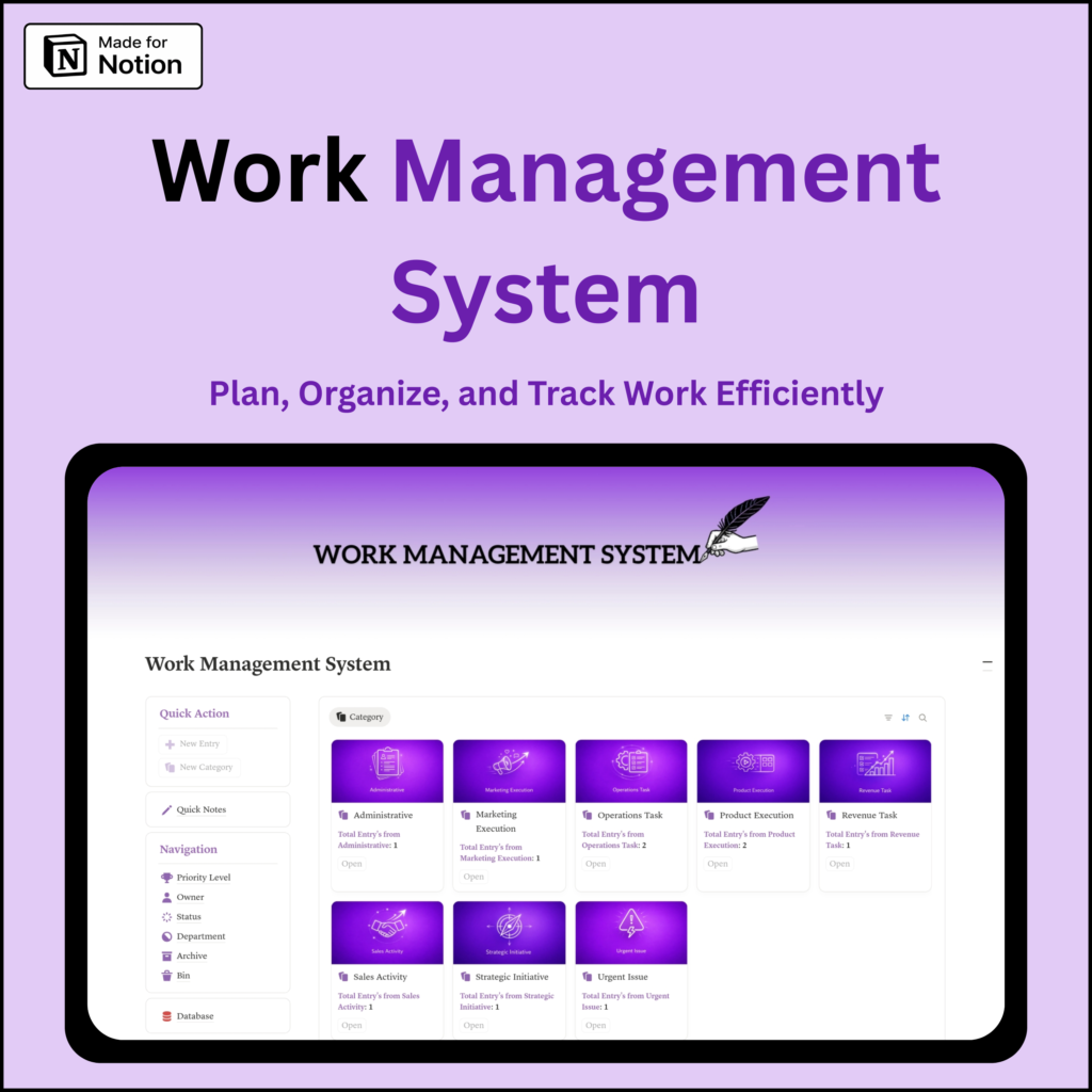 Notion work management system template dashboard for task management, project tracking, team collaboration, productivity and workflow organization