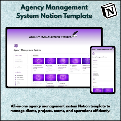 Agency Management System Notion Template dashboard for managing clients, projects, teams, tasks, and business operations in Notion