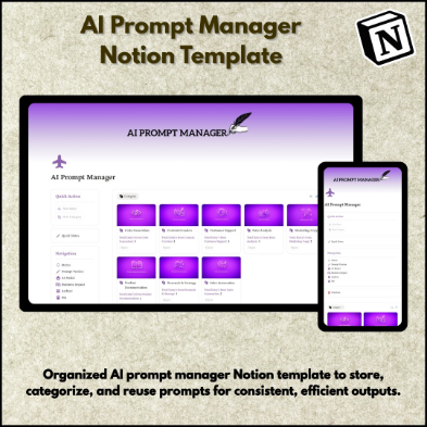 AI Prompt Manager Notion Template dashboard for organizing, storing, and managing AI prompts efficiently across desktop and mobile devices