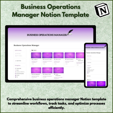 Business Operations Manager Notion Template for managing workflows, tasks, business processes, and operational productivity in Notion