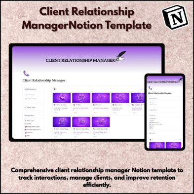 Client Relationship Manager Notion Template for managing clients, tracking interactions, improving communication, and organizing business workflows