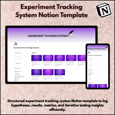 Experiment Tracking System Notion Template for logging hypotheses, tracking results, managing testing workflows, and analyzing metrics in Notion