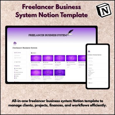 Freelancer Business System Notion Template for managing clients, projects, invoices, finances, tasks, and freelance workflows