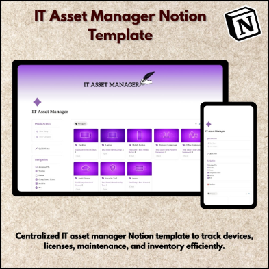 IT Asset Manager Notion Template for tracking devices, software licenses, maintenance schedules, inventory, and IT operations in Notion