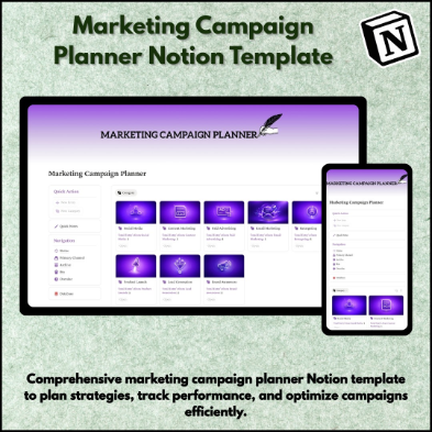Marketing Campaign Planner Notion Template for planning strategies, tracking campaign performance, managing content, and optimizing marketing workflows in Notion