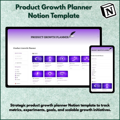 Product Growth Planner Notion Template for tracking growth metrics, experiments, goals, product strategy, and scalable business initiatives in Notion