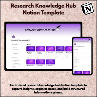 Research Knowledge Hub Notion Template for organizing research notes, knowledge management, insights, and structured information systems