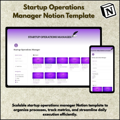 Startup Operations Manager Notion Template for organizing business operations, tracking metrics, managing workflows, and startup productivity