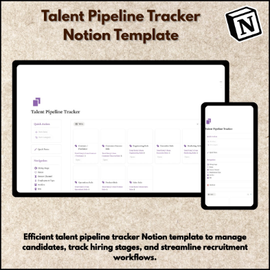 Talent Pipeline Tracker Notion Template for recruitment management, candidate tracking, hiring workflows, and HR organization