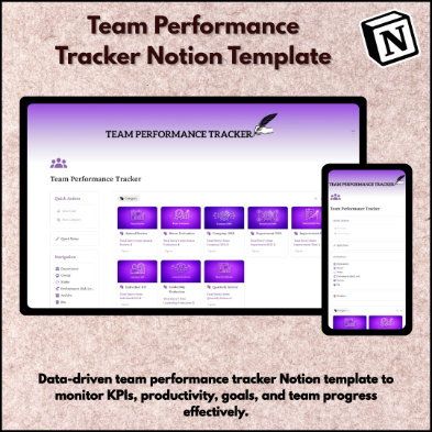 Team Performance Tracker Notion Template for monitoring KPIs, team productivity, goals, progress tracking, and business performance