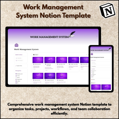 Work Management System Notion Template for organizing tasks, projects, workflows, team collaboration, and productivity management
