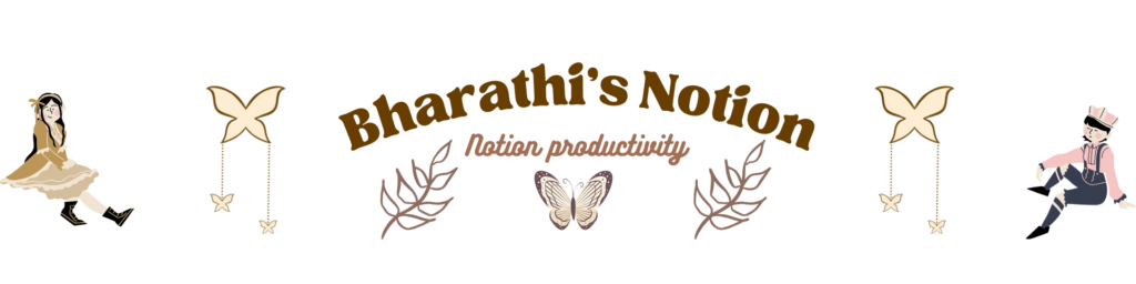 VPM Notion banner featuring Bharathi’s Notion productivity templates for business organization, fitness tracking, planning, and workflow management